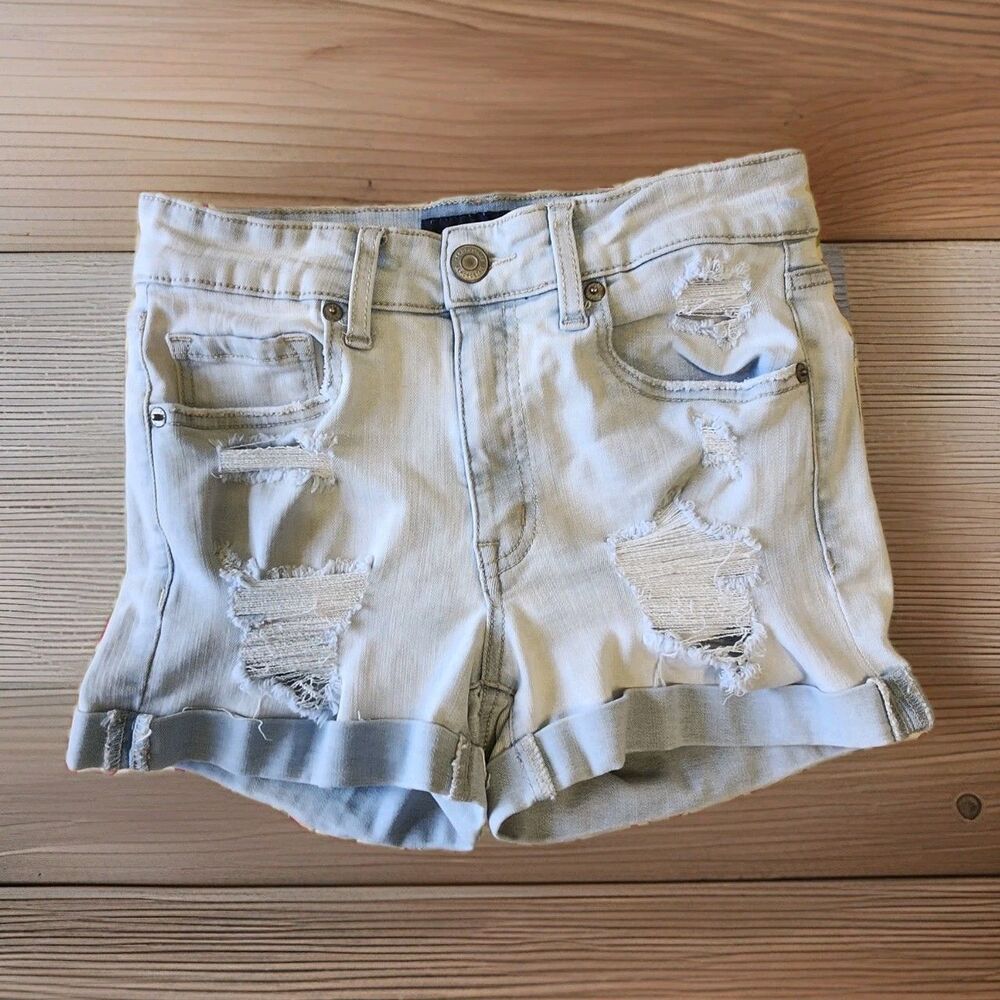 Aeropostale Women's High Rise Midi Distressed Frayed Blue Denim Shorts Sz 2 Y2K